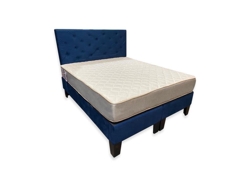 Cama Americana 2P + Colchon de resortes + Respaldo Azul Felpa Pmadera Azul Oscuro