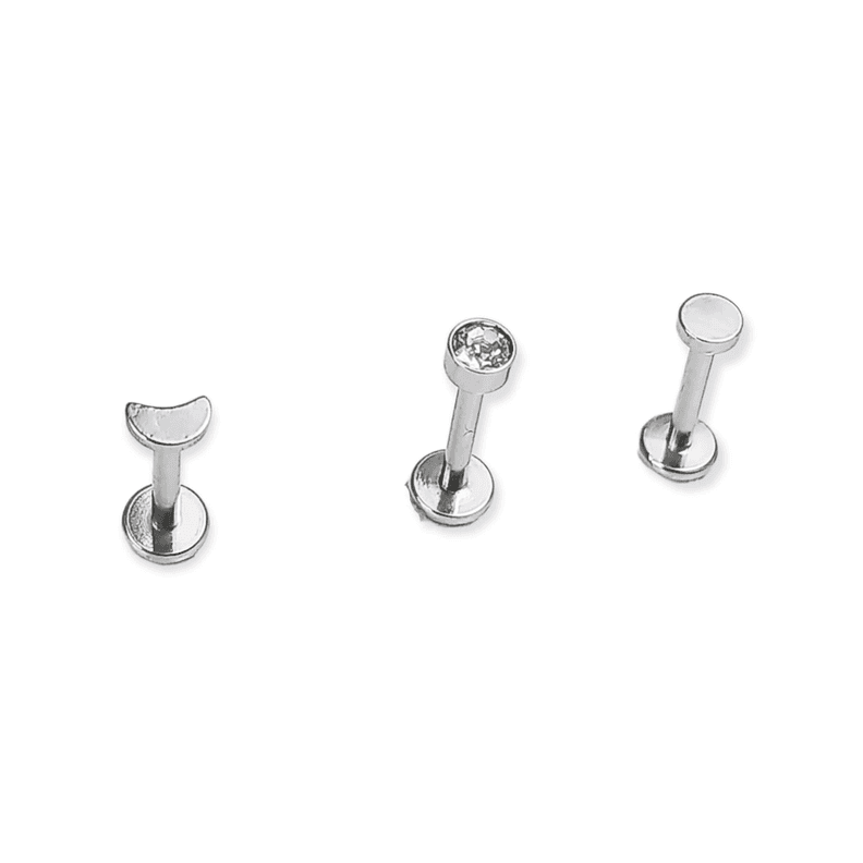 Set Piercing Modelo Fase Lunar Acero Quirurgico Nostril Labret Luna Punto Luz Plata