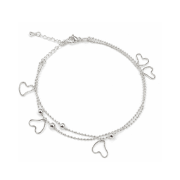 Tobillera Doble Cadena Ovalos Corazones Colgantes Plata