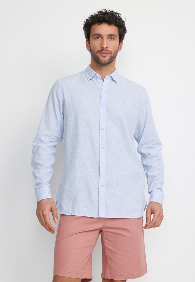Camisa Rayada Lino Algodon Bruno Celeste XL