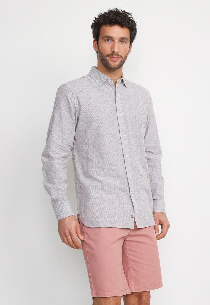 Camisa Rayada Lino Algodon Bruno Beige XL