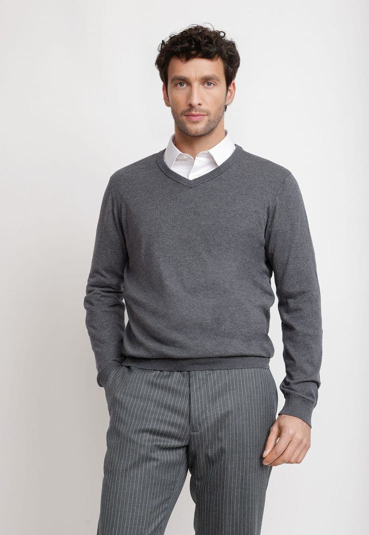 Sweater Cuello V Algodon Seda Gris M