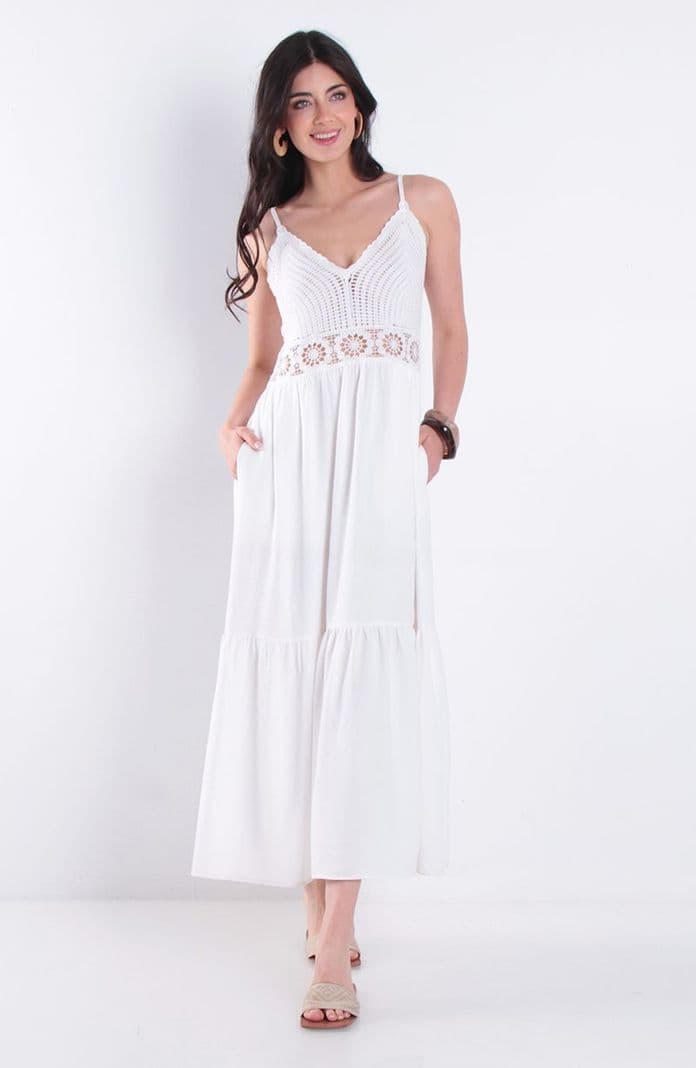 Vestido Largo Sin Manga Busto Tejido Con Cintura Elasticada Blanco L