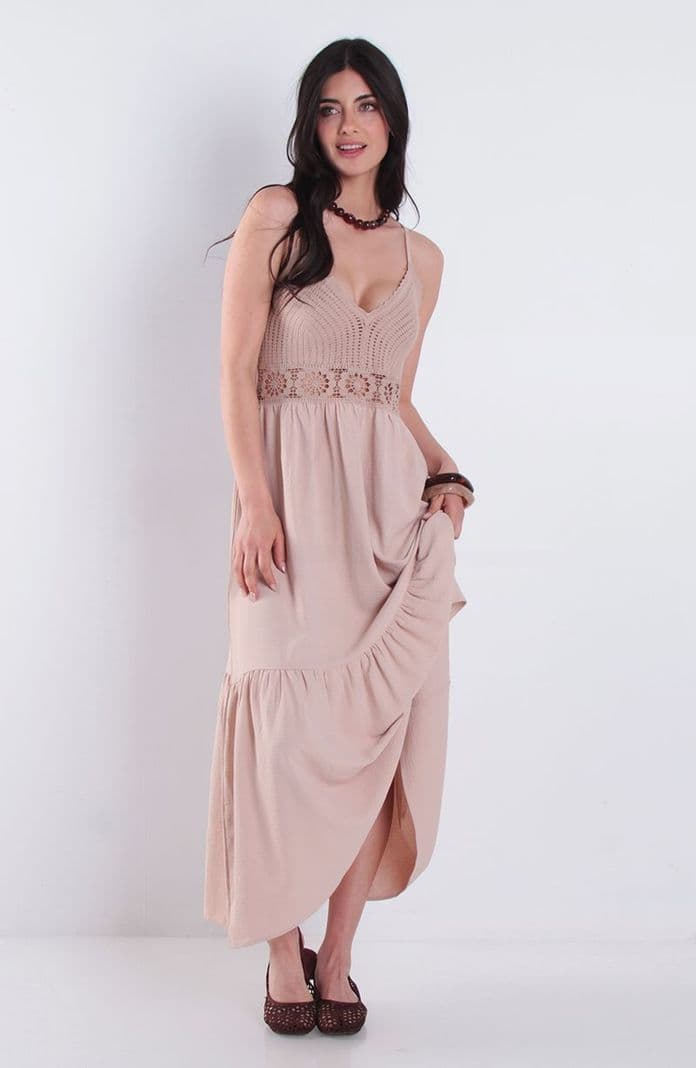 Vestido Largo Sin Manga Busto Tejido Con Cintura Elasticada Beige M