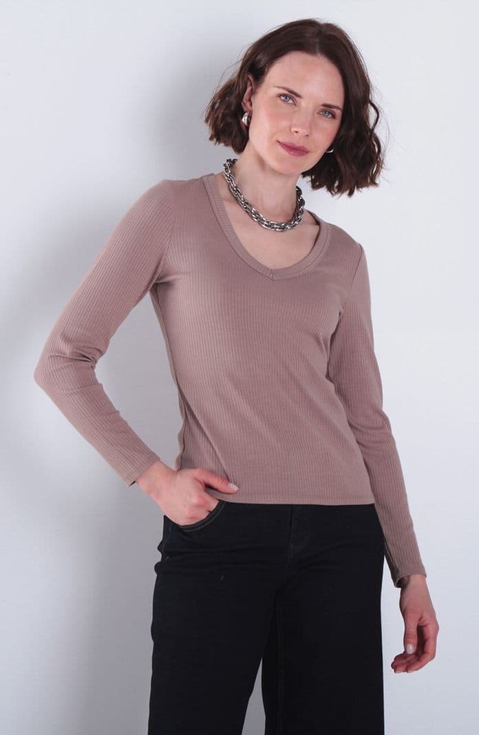 Polera Manga Larga Escote V Rib Beige XL