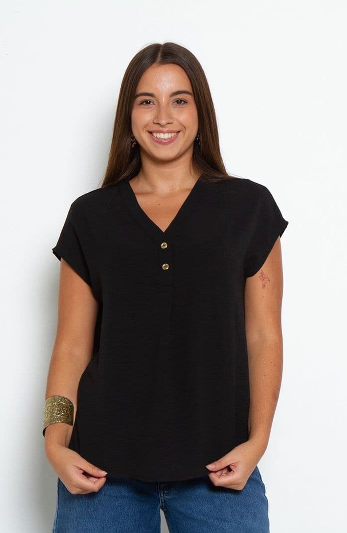Blusa Manga Corta Escote V Con 2 Botones Negro XL