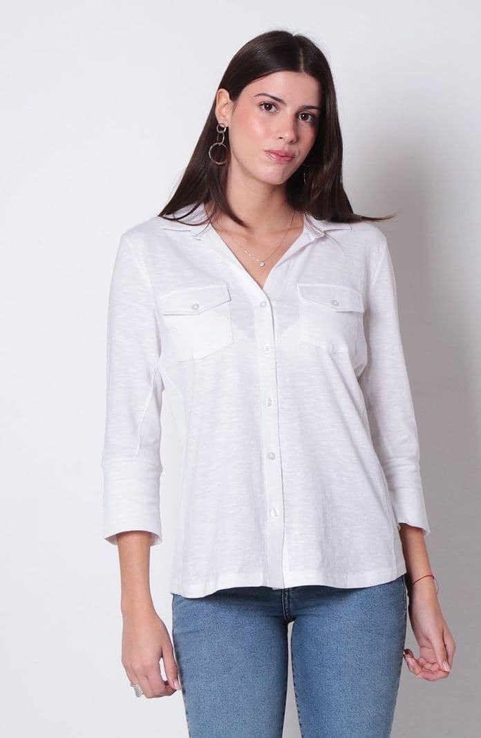Blusa Manga 3/4 Abotonada En Delantero Con Rib En Costado Blanco L