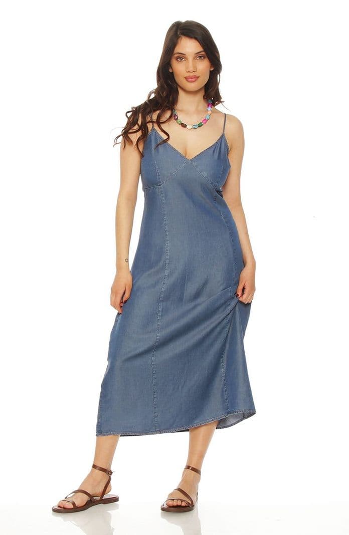 Vestido Sin Manga Tencel Escote V Con Corte En Delantero Azul XL