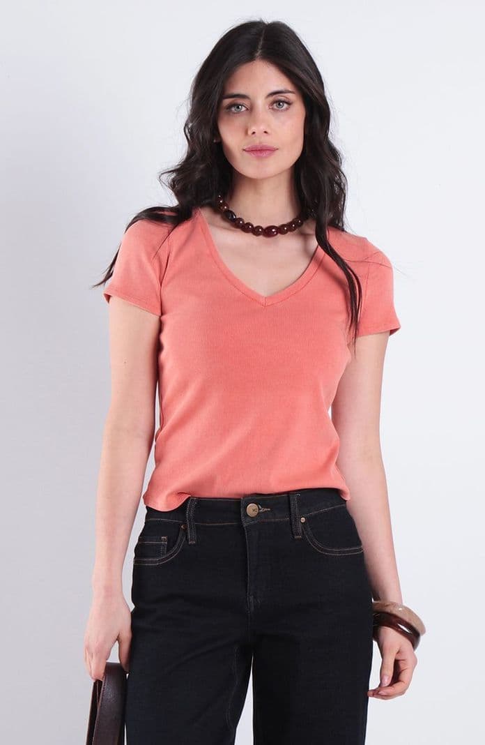 Polera Manga Corta Escote V Acidwash Naranjo M