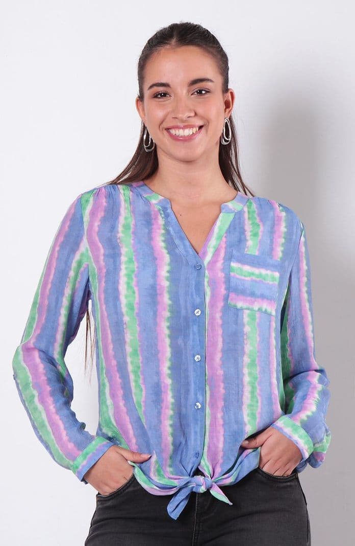 Blusa Manga Larga Listada Abotonada En Delantero Y Bolsillo Turquesa S