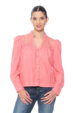 Blusa Manga Larga Brodery Abotonada En Delantero Y Aplicacion Coral M