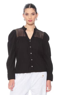 Blusa Manga Larga Brodery Abotonada En Delantero Y Aplicacion Negro L