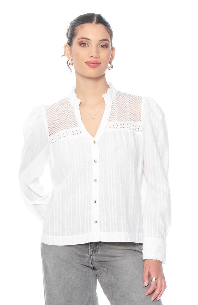 Blusa Manga Larga Brodery Abotonada En Delantero Y Aplicacion Blanco L