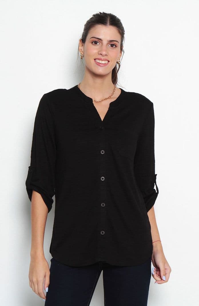 Blusa Manga 3/4 Abotonado En Delantero Con Bolsillo Escote V Negro XL