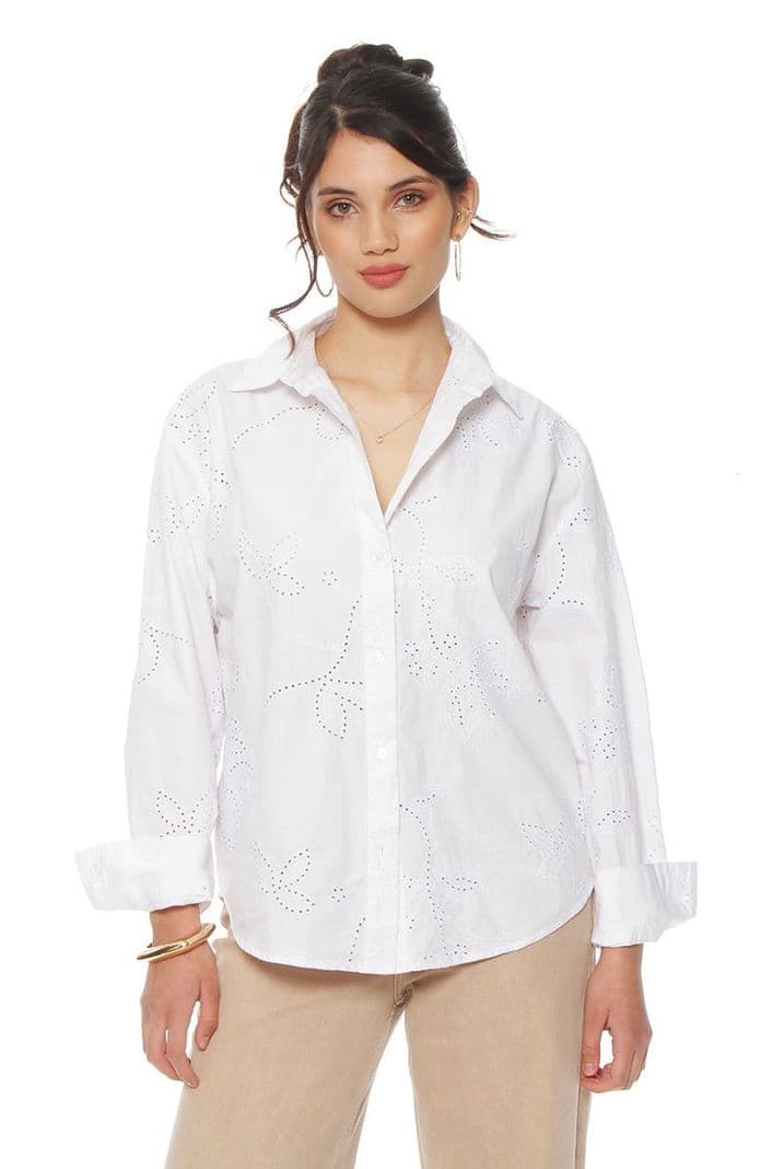 Blusa Manga Larga Embroidery Abotonada En Delantero Blanco XL