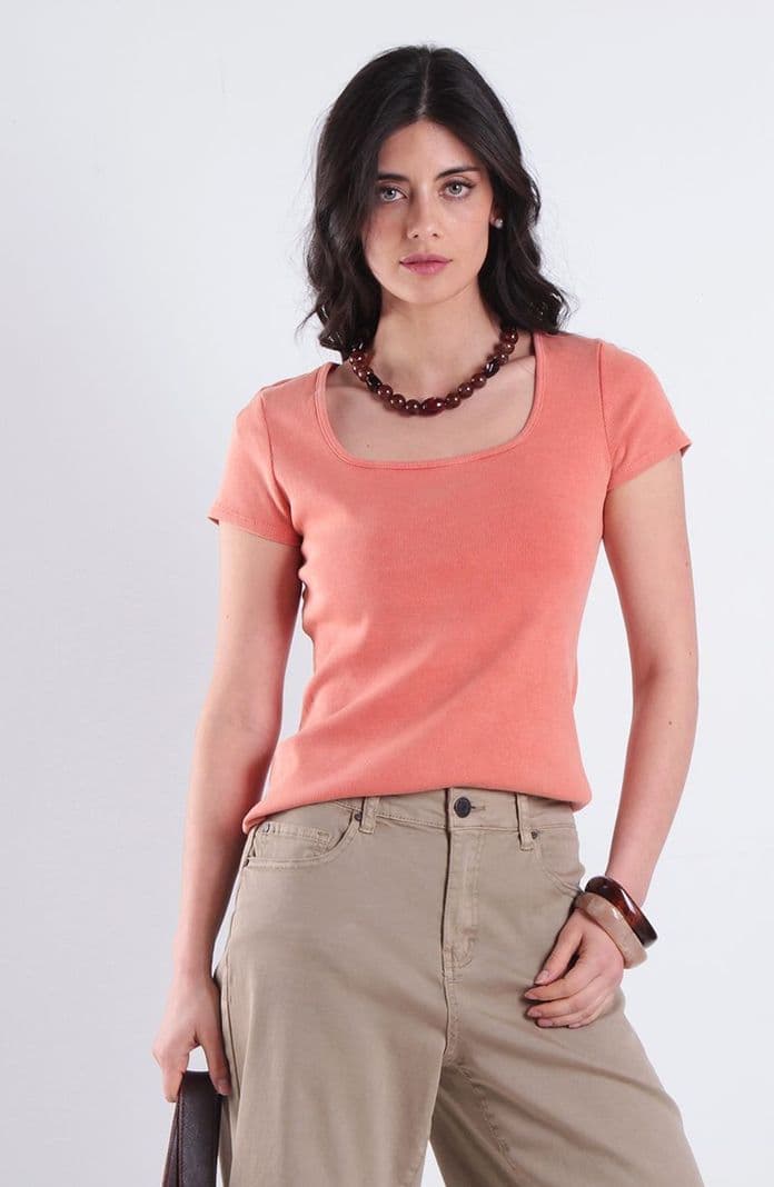Polera Manga Corta Escote Cuadrado Acidwash Naranjo M