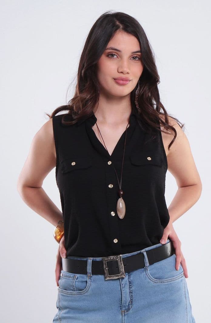 Blusa Sin Manga Abotonada En Delantero Escote V Negro S