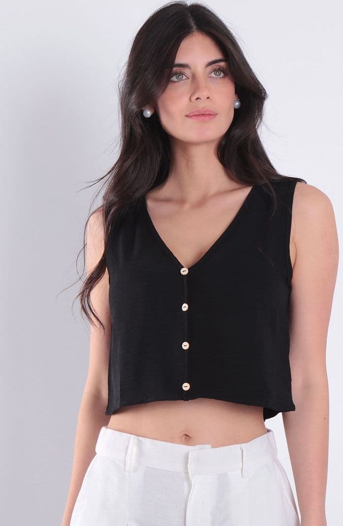 Blusa Sin Manga Abotonada En Delantero Escote V Negro XL