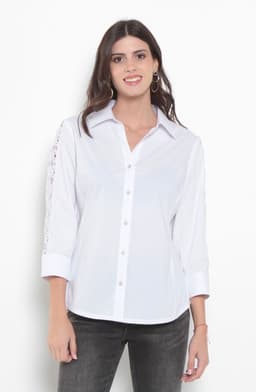 Blusa Manga 3/4 Abotonada En Delantero Escote V Con Cuello Blanco L