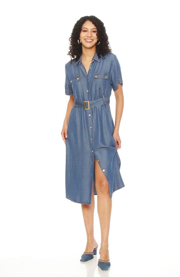 Vestido Tencel Manga Corta Con Cuello Abotonado Y Cinturon Azul M