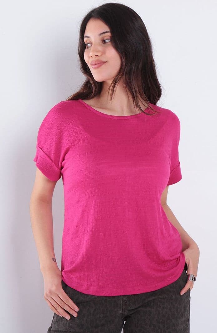 Polera Manga Corta Escote Redondo Con Botones En Espalda Magenta L