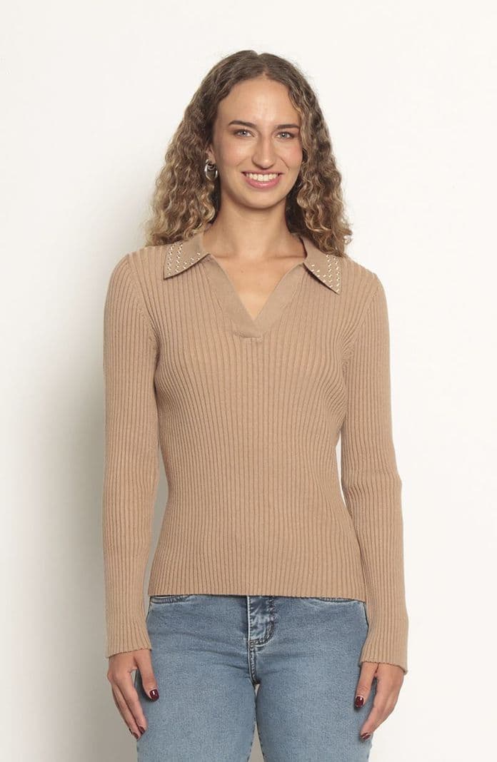 Sweater Manga Larga Escote Redondo Con Aplicacion En Las Mangas Beige L