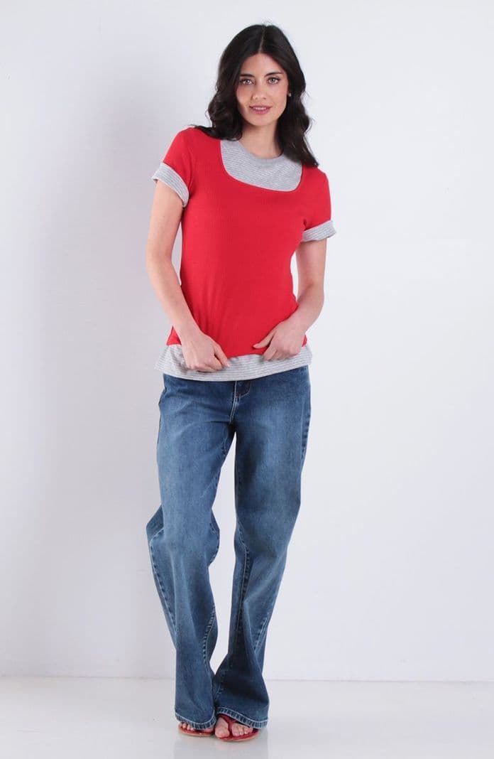 Polera Manga Corta Escote Cuadrado Rib Rojo M