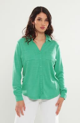 Blusa Manga Larga Abotonada En Delantero Con Bolsillo Escote V Verde L