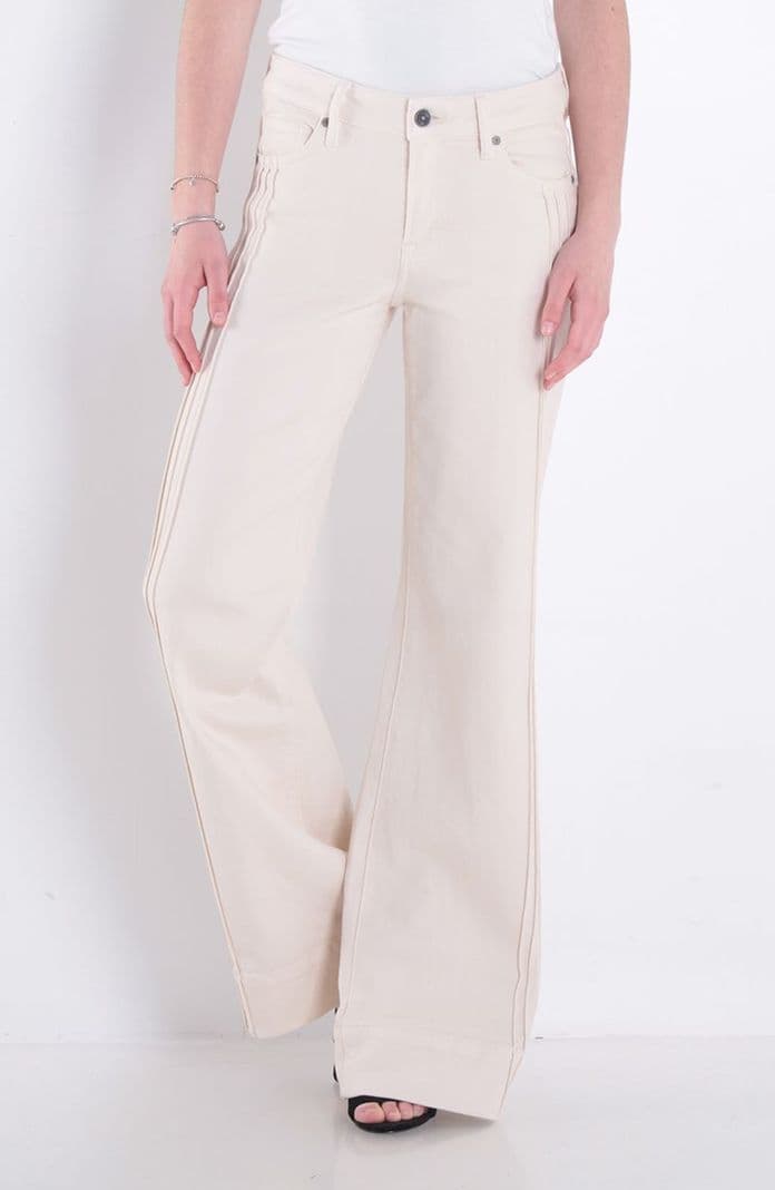 Jeans Flare Tiro Medio Pretina Basica 1 Boton Beige Natural 40