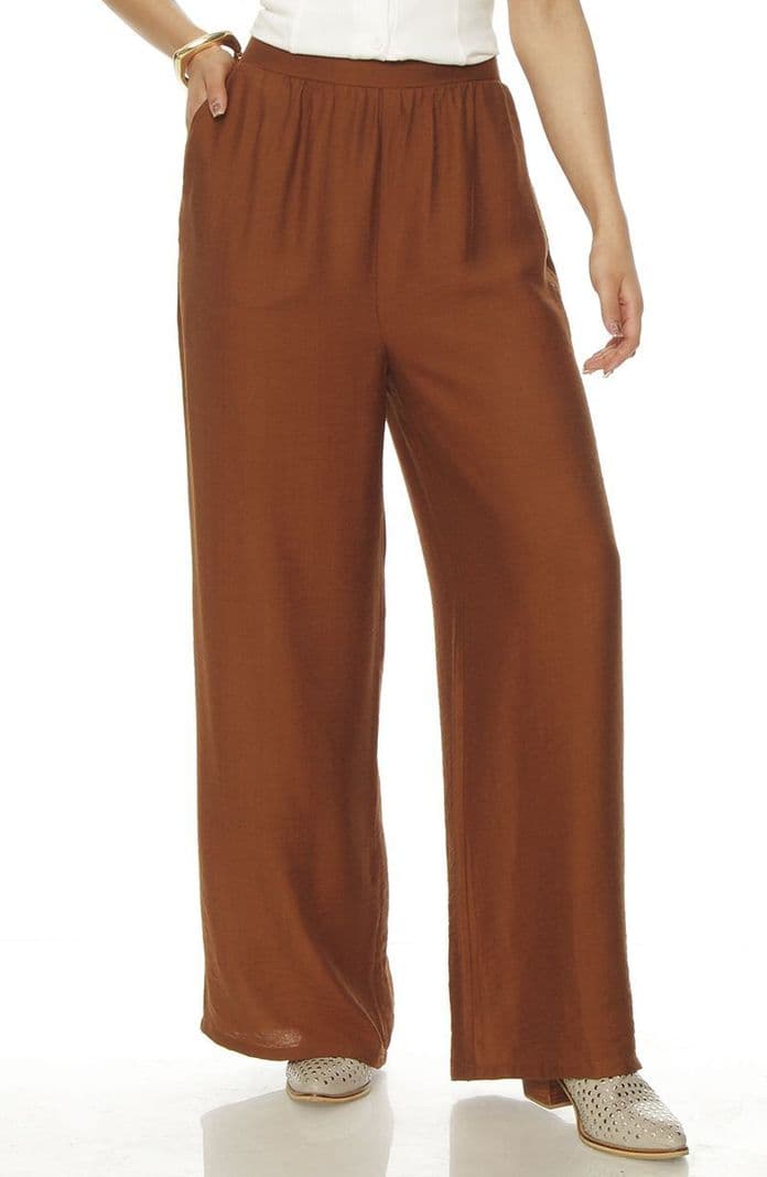 Pantalon Wide Leg Tiro Alto Con Pretina Elasticada Y Bolsillos Cafe S