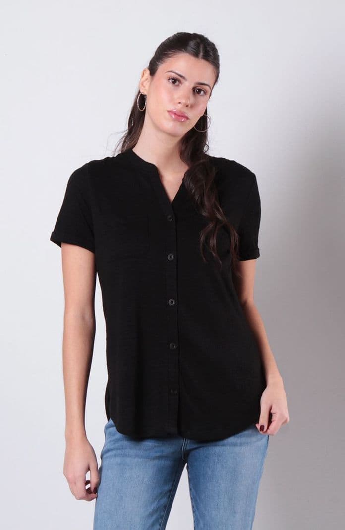 Blusa Manga Corta Abotonada En Delantero Con Bolsillo Escote V Negro XL