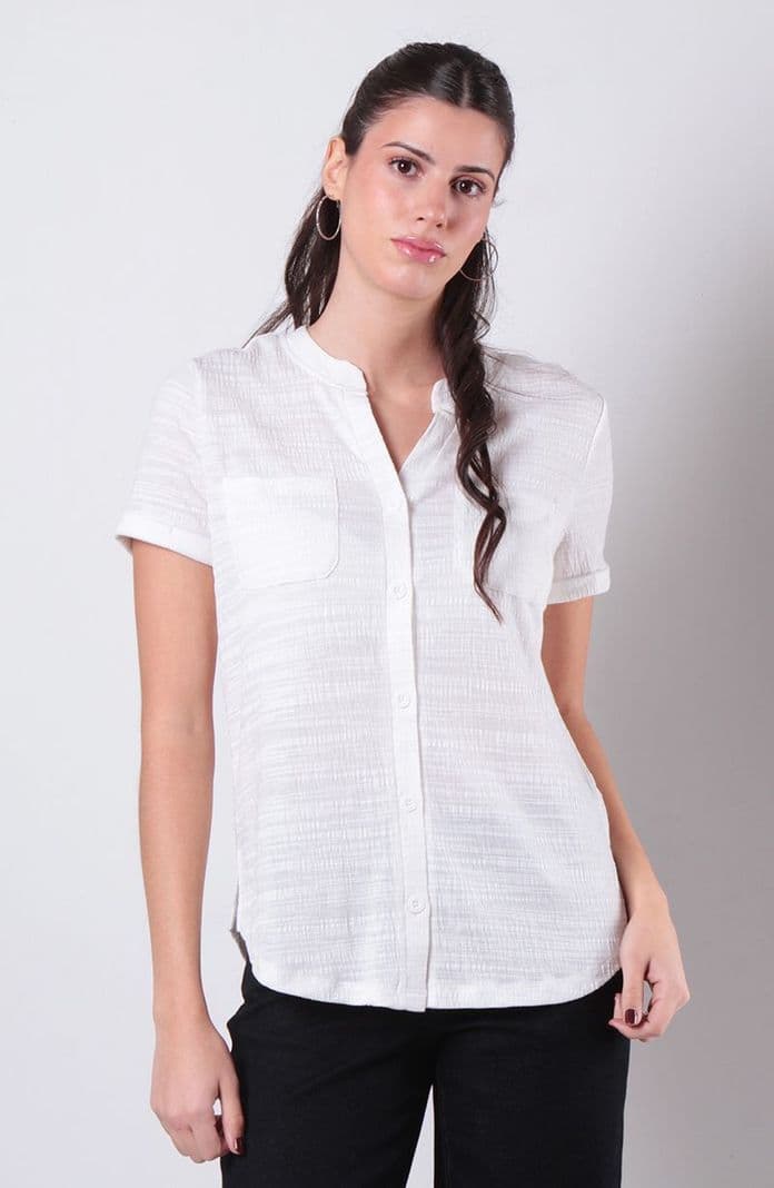 Blusa Manga Corta Abotonada En Delantero Con Bolsillo Escote V Blanco L