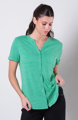 Blusa Manga Corta Abotonada En Delantero Con Bolsillo Escote V Verde S