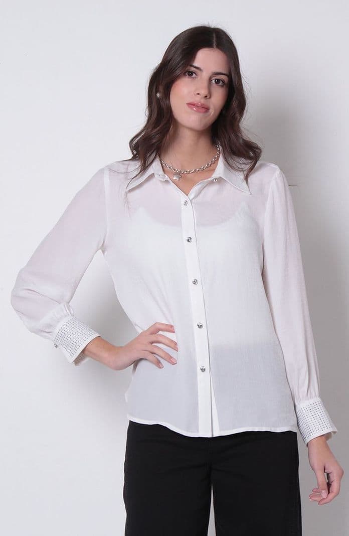 Blusa Manga Larga Abotonada En Delantero Con Aplicacion En Punos Blanco L