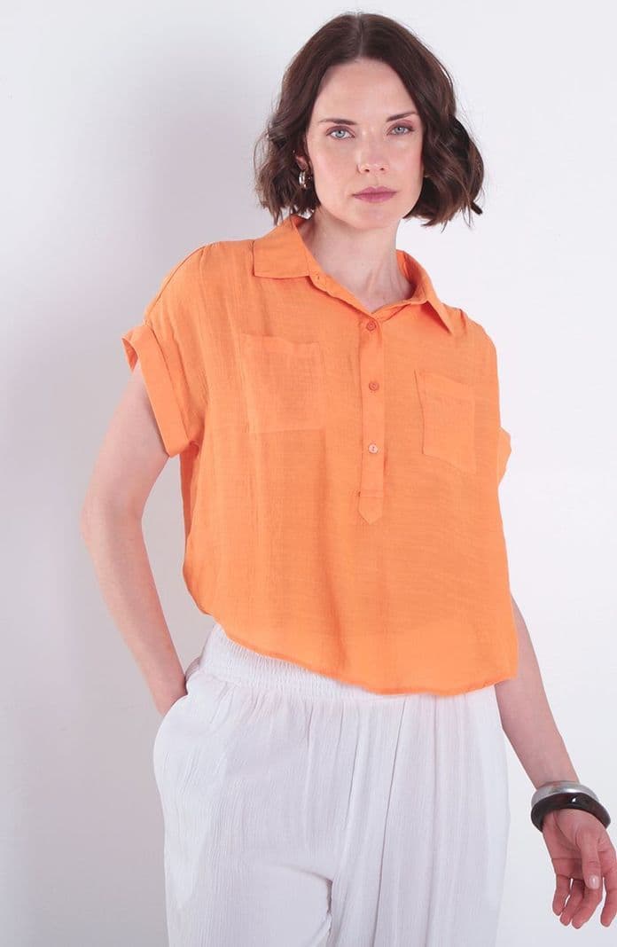 Blusa Manga Corta Abotonada En Delantero Con Bolsillos Naranjo XL