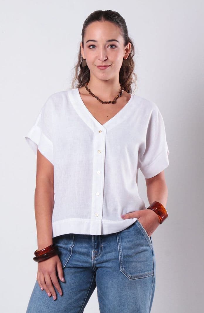 Blusa Manga Corta Escote V Abotonada En Delantero Blanco M