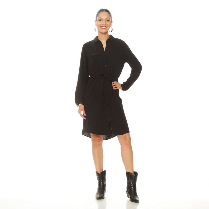 Vestido Manga Larga Abotonado En Delantero Con Cintura Ajustable Negro XL