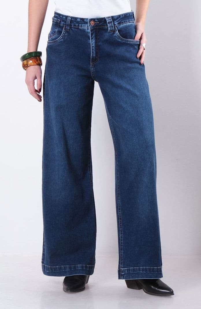 Jeans Wide Tiro Alto Pretina Basica 1 Boton Azul 36