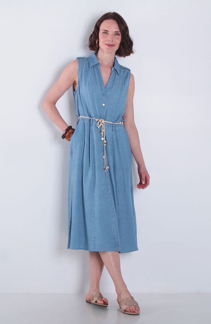Vestido Sin Manga Lyocell Con Lazo En Cintura Azul L