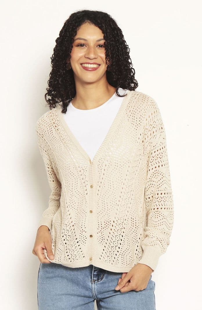Chaleco Manga Larga Escote V Abotonado En Delantero Beige S
