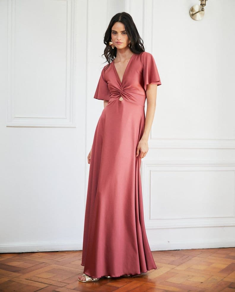 Vestido Largo de Fiesta Meli Mangas Canela Claro Cafe L-XL
