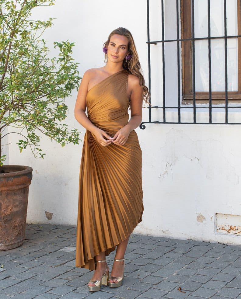 Vestido Largo de Fiesta Lucia un Hombro Mocha Cafe L