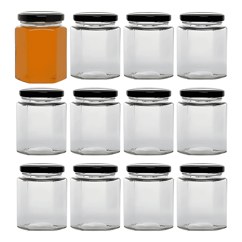 Tarro vidrio hexagonal 100 ml para miel tapa hermetica 12u
