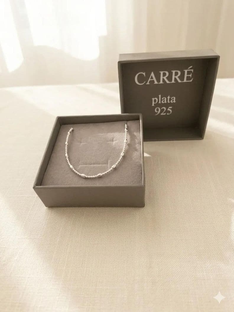 Collar Carre Plata 925 Plata 4x2mm Y Bolita 2mm Plateado
