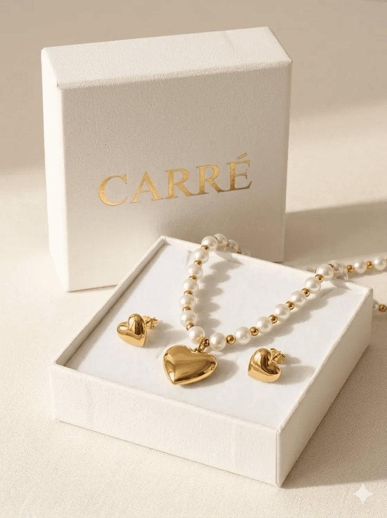 Conjunto Mujer Carre Perlas 8mm Enchapado En Oro 18k Dorado