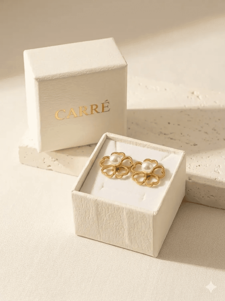 Aro Carre Mujer Flor Con Perla Enchapado En Oro 18k Dorado