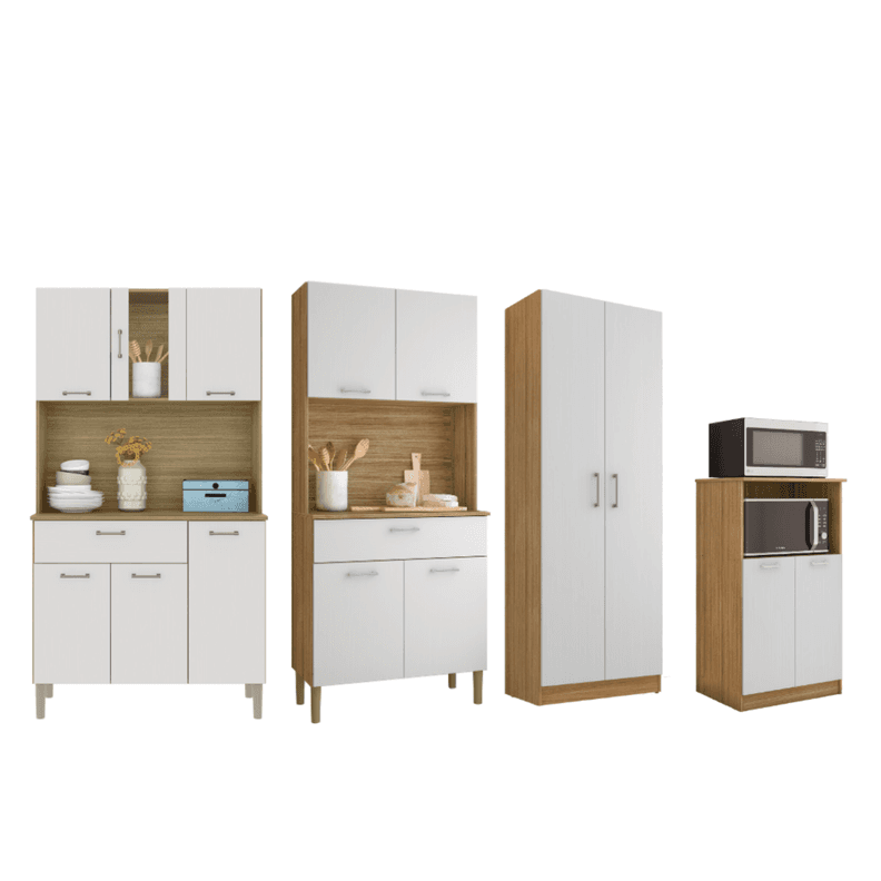 Combo 1 mueble para microondas, 1 mueble de cocina, 1 mueble de cocina y 1 alacena k02040620 Blanco 110 CM