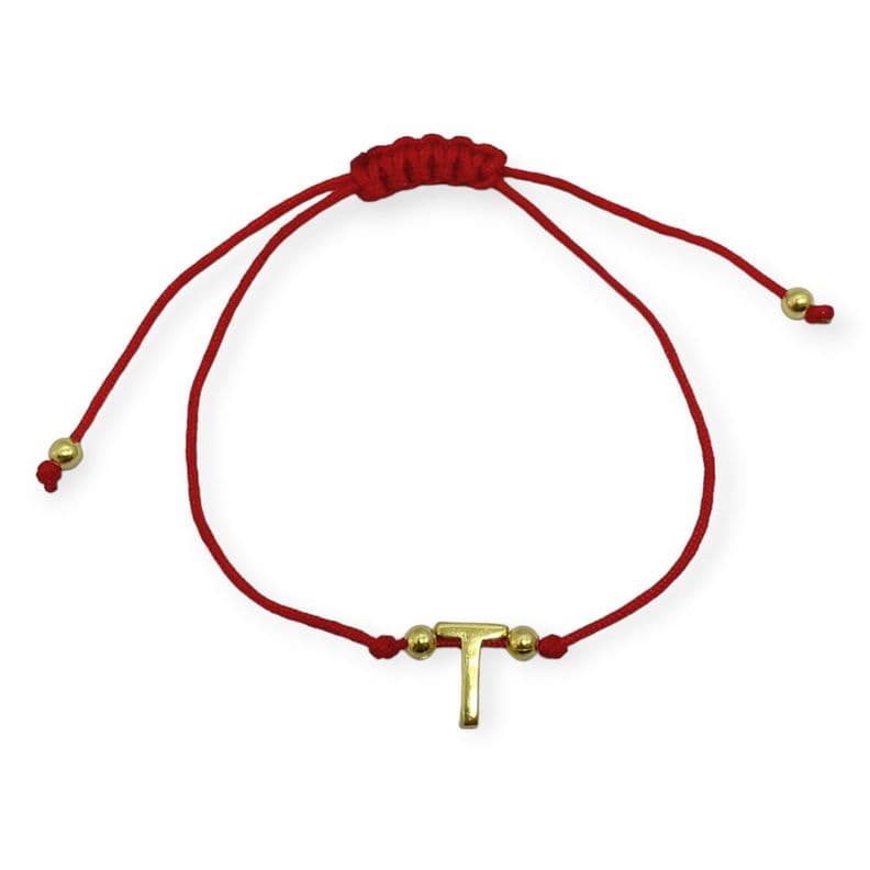 Pulsera Letra T Cordon Rojo Enchapado Oro 18K