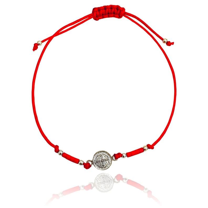 Pulsera Medalla San Benito Plata Fina 925 Mostacilla Cordon Rojo