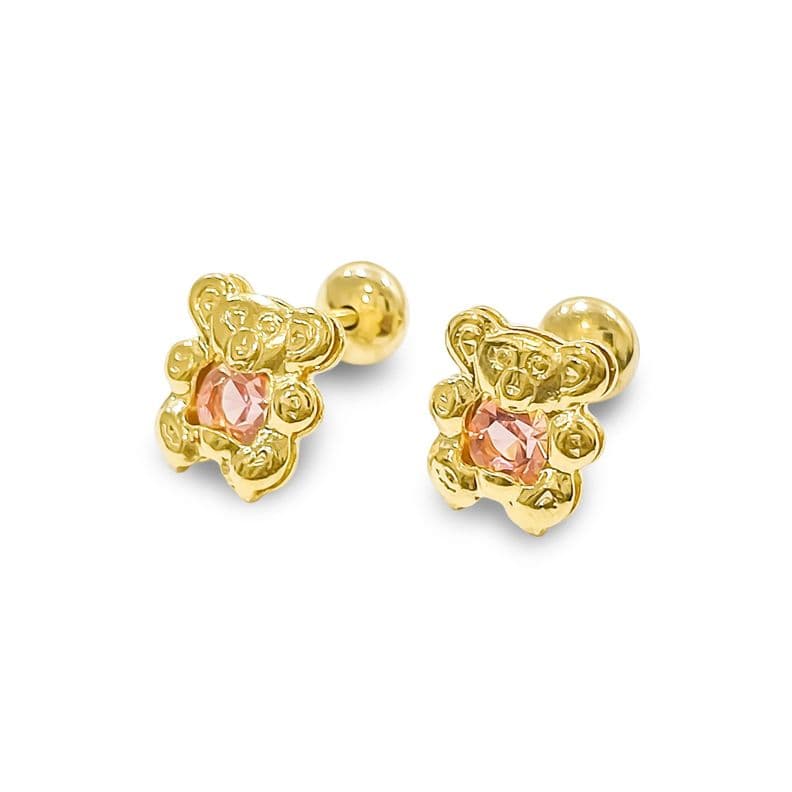 Aros Bebe Nina Oso Circon Rosado Enchapado Oro 18K Dorado